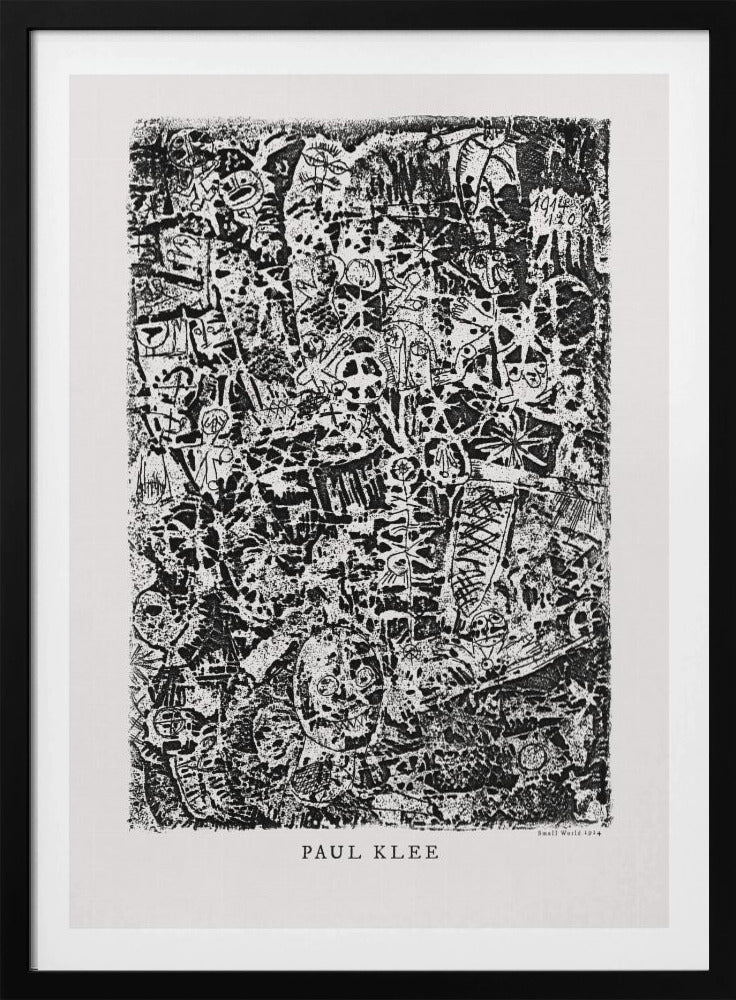 A black and white abstract print by Paul Klee titled 'Small World'. The vertical artwork is a dense, chaotic mix of small, primitive-style figures, faces, and symbols, creating a highly textured and intricate composition. The artist's name is printed below the artwork. Artwork