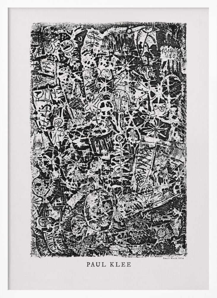 A black and white abstract print by Paul Klee titled 'Small World'. The vertical artwork is a dense, chaotic mix of small, primitive-style figures, faces, and symbols, creating a highly textured and intricate composition. The artist's name is printed below the artwork. Artwork