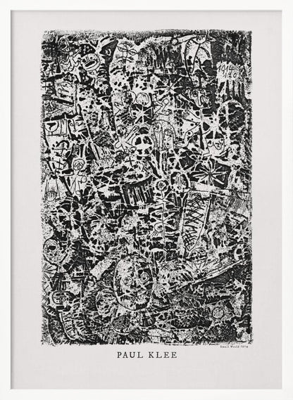 A black and white abstract print by Paul Klee titled 'Small World'. The vertical artwork is a dense, chaotic mix of small, primitive-style figures, faces, and symbols, creating a highly textured and intricate composition. The artist's name is printed below the artwork. Artwork