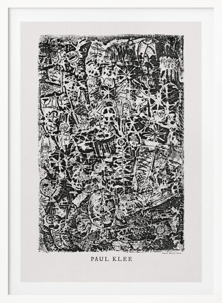 A black and white abstract print by Paul Klee titled 'Small World'. The vertical artwork is a dense, chaotic mix of small, primitive-style figures, faces, and symbols, creating a highly textured and intricate composition. The artist's name is printed below the artwork. Artwork