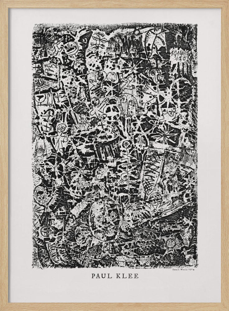 A black and white abstract print by Paul Klee titled 'Small World'. The vertical artwork is a dense, chaotic mix of small, primitive-style figures, faces, and symbols, creating a highly textured and intricate composition. The artist's name is printed below the artwork. Artwork