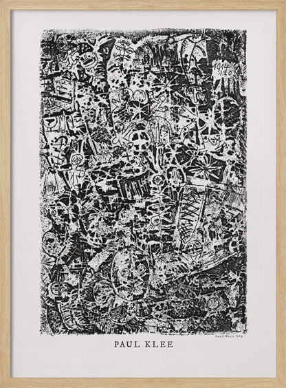 A black and white abstract print by Paul Klee titled 'Small World'. The vertical artwork is a dense, chaotic mix of small, primitive-style figures, faces, and symbols, creating a highly textured and intricate composition. The artist's name is printed below the artwork. Artwork