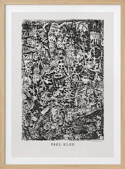 A black and white abstract print by Paul Klee titled 'Small World'. The vertical artwork is a dense, chaotic mix of small, primitive-style figures, faces, and symbols, creating a highly textured and intricate composition. The artist's name is printed below the artwork. Artwork