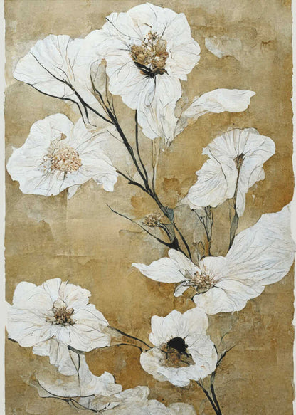 A vintage-style painting of delicate, papery white flowers with gold and brown centers on thin black stems. The background is a textured, mottled golden-brown, giving the artwork an aged, rustic feel. The piece is presented in a simple black frame. Print