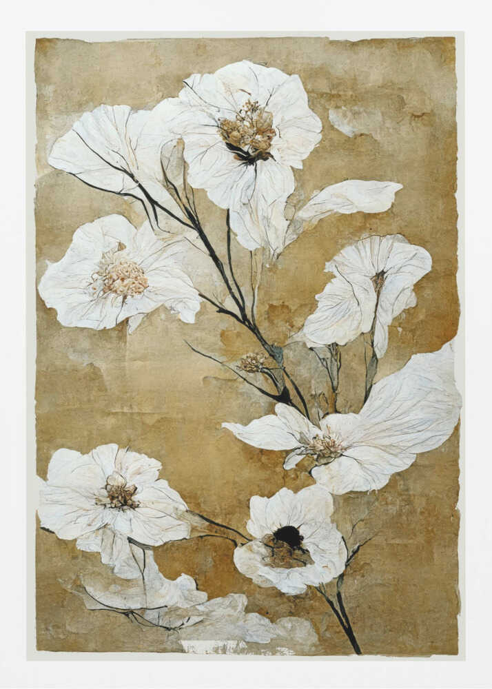 A vintage-style painting of delicate, papery white flowers with gold and brown centers on thin black stems. The background is a textured, mottled golden-brown, giving the artwork an aged, rustic feel. The piece is presented in a simple black frame. Print