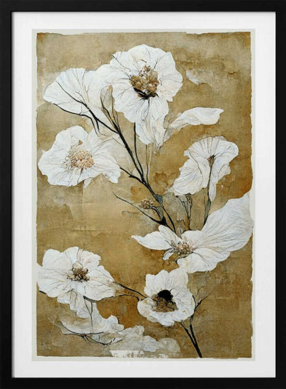 A vintage-style painting of delicate, papery white flowers with gold and brown centers on thin black stems. The background is a textured, mottled golden-brown, giving the artwork an aged, rustic feel. The piece is presented in a simple black frame. Print