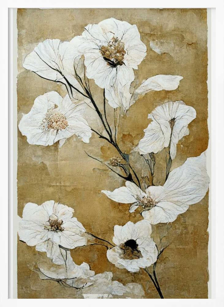 A vintage-style painting of delicate, papery white flowers with gold and brown centers on thin black stems. The background is a textured, mottled golden-brown, giving the artwork an aged, rustic feel. The piece is presented in a simple black frame. Print