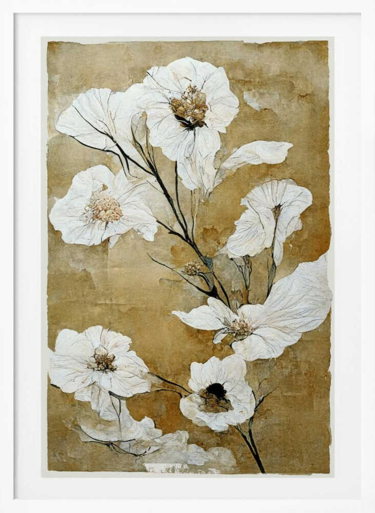 A vintage-style painting of delicate, papery white flowers with gold and brown centers on thin black stems. The background is a textured, mottled golden-brown, giving the artwork an aged, rustic feel. The piece is presented in a simple black frame. Print