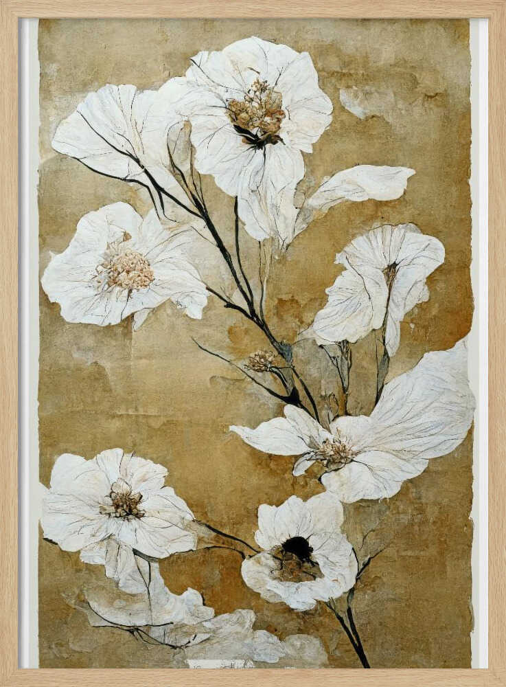 A vintage-style painting of delicate, papery white flowers with gold and brown centers on thin black stems. The background is a textured, mottled golden-brown, giving the artwork an aged, rustic feel. The piece is presented in a simple black frame. Print