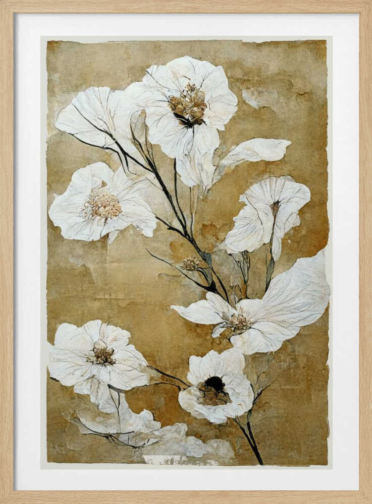 A vintage-style painting of delicate, papery white flowers with gold and brown centers on thin black stems. The background is a textured, mottled golden-brown, giving the artwork an aged, rustic feel. The piece is presented in a simple black frame. Print