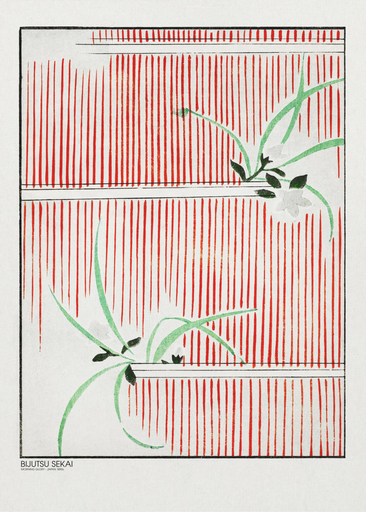 A Japanese woodblock print featuring delicate green leaves and white flowers set against a bold background of vertical red stripes on a white canvas. The artwork is framed in black and has Japanese text in the lower-left corner. Wall Art