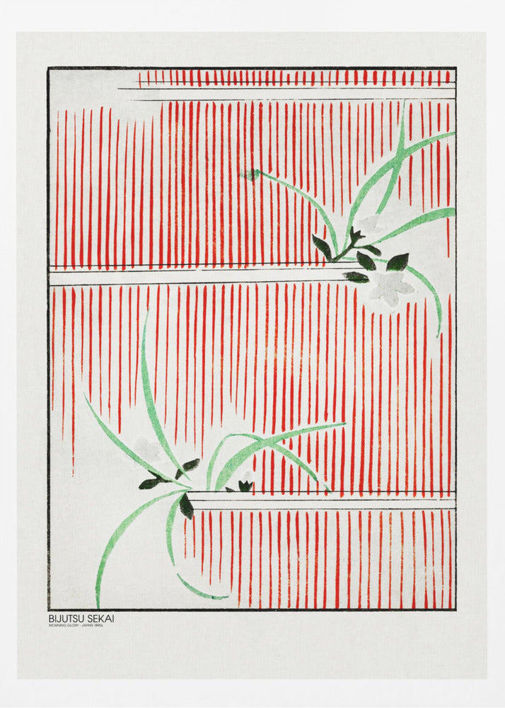 A Japanese woodblock print featuring delicate green leaves and white flowers set against a bold background of vertical red stripes on a white canvas. The artwork is framed in black and has Japanese text in the lower-left corner. Wall Art