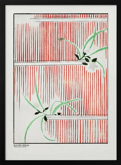 A Japanese woodblock print featuring delicate green leaves and white flowers set against a bold background of vertical red stripes on a white canvas. The artwork is framed in black and has Japanese text in the lower-left corner. Wall Art