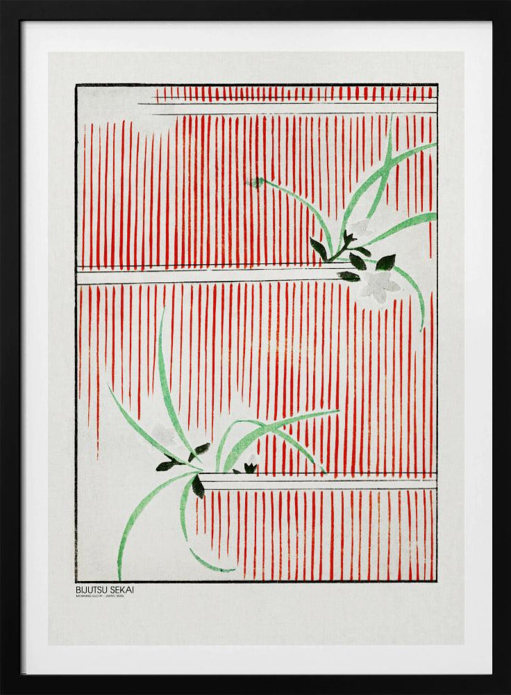 A Japanese woodblock print featuring delicate green leaves and white flowers set against a bold background of vertical red stripes on a white canvas. The artwork is framed in black and has Japanese text in the lower-left corner. Wall Art