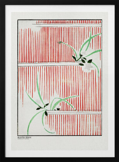 A Japanese woodblock print featuring delicate green leaves and white flowers set against a bold background of vertical red stripes on a white canvas. The artwork is framed in black and has Japanese text in the lower-left corner. Wall Art
