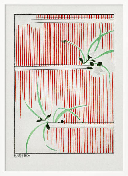 A Japanese woodblock print featuring delicate green leaves and white flowers set against a bold background of vertical red stripes on a white canvas. The artwork is framed in black and has Japanese text in the lower-left corner. Wall Art
