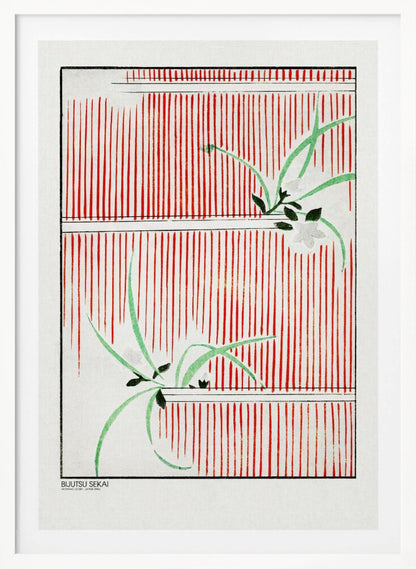 A Japanese woodblock print featuring delicate green leaves and white flowers set against a bold background of vertical red stripes on a white canvas. The artwork is framed in black and has Japanese text in the lower-left corner. Wall Art