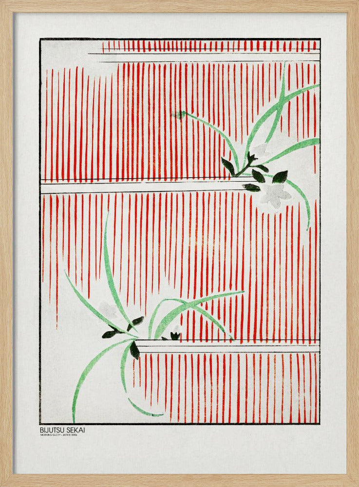 A Japanese woodblock print featuring delicate green leaves and white flowers set against a bold background of vertical red stripes on a white canvas. The artwork is framed in black and has Japanese text in the lower-left corner. Wall Art