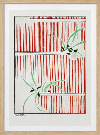 A Japanese woodblock print featuring delicate green leaves and white flowers set against a bold background of vertical red stripes on a white canvas. The artwork is framed in black and has Japanese text in the lower-left corner. Wall Art