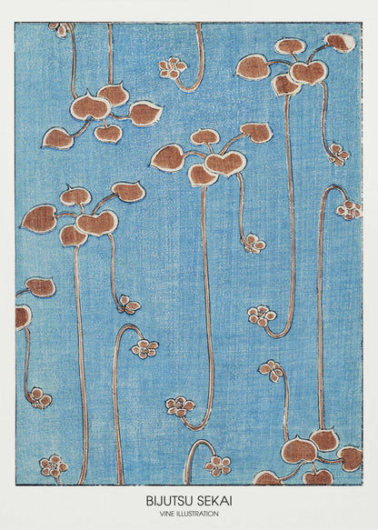 A vintage Japanese art print from Bijutsu Sekai featuring stylized brown vines with heart-shaped leaves and small blossoms hanging against a textured blue background. The print is displayed in a black frame with a white mat. Artwork