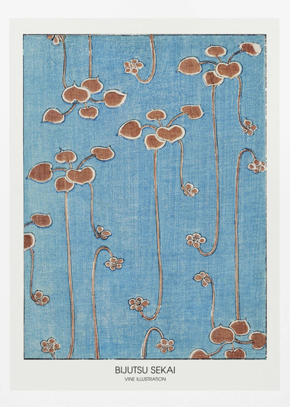 A vintage Japanese art print from Bijutsu Sekai featuring stylized brown vines with heart-shaped leaves and small blossoms hanging against a textured blue background. The print is displayed in a black frame with a white mat. Artwork