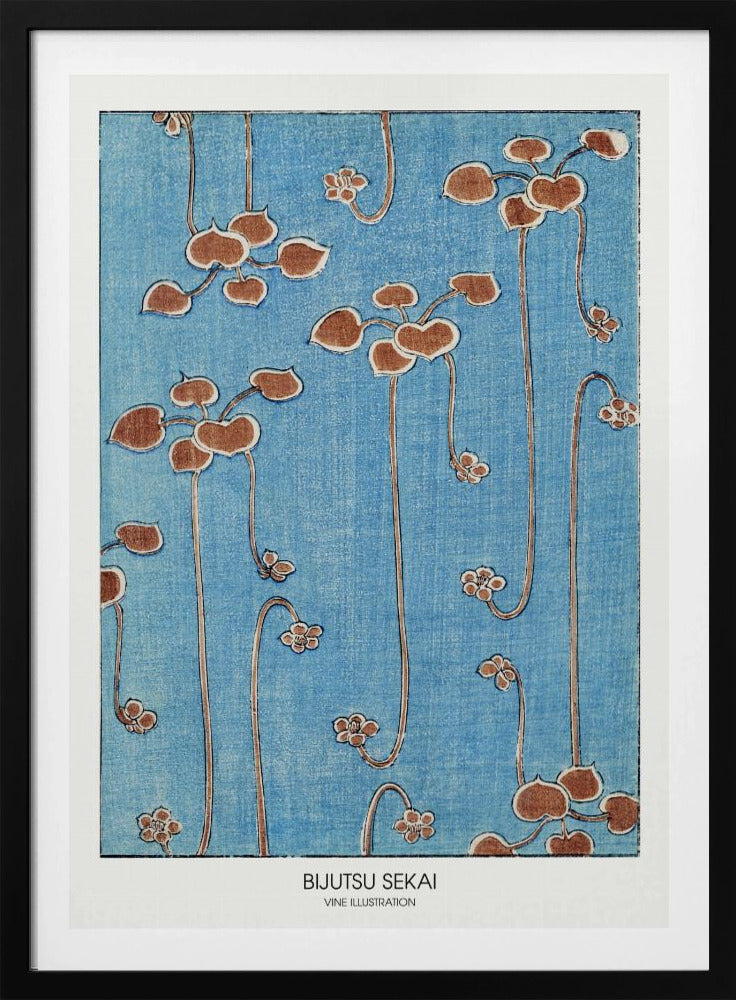A vintage Japanese art print from Bijutsu Sekai featuring stylized brown vines with heart-shaped leaves and small blossoms hanging against a textured blue background. The print is displayed in a black frame with a white mat. Artwork