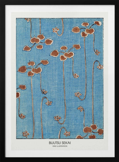 A vintage Japanese art print from Bijutsu Sekai featuring stylized brown vines with heart-shaped leaves and small blossoms hanging against a textured blue background. The print is displayed in a black frame with a white mat. Artwork