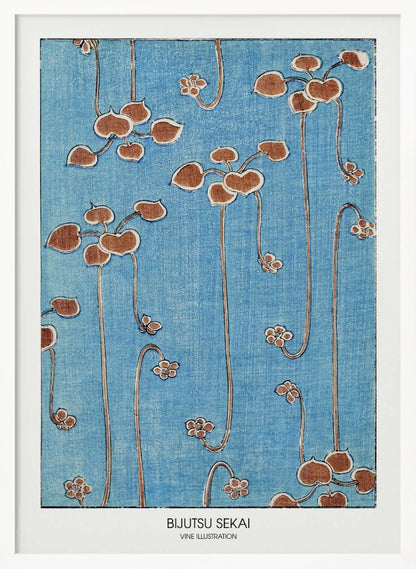 A vintage Japanese art print from Bijutsu Sekai featuring stylized brown vines with heart-shaped leaves and small blossoms hanging against a textured blue background. The print is displayed in a black frame with a white mat. Artwork