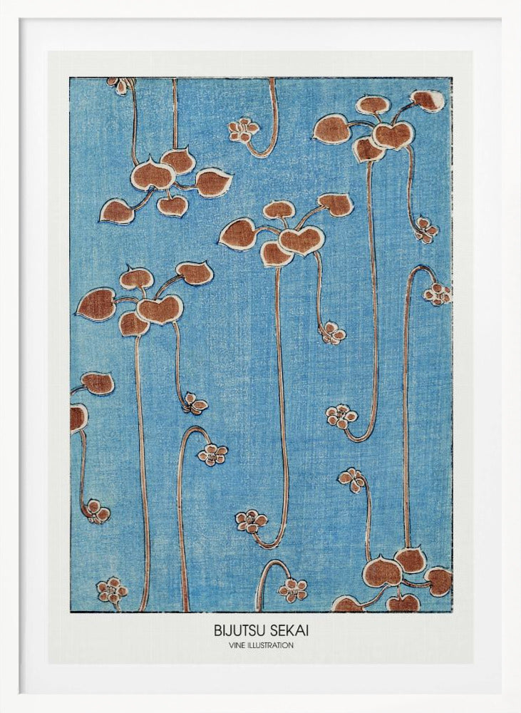 A vintage Japanese art print from Bijutsu Sekai featuring stylized brown vines with heart-shaped leaves and small blossoms hanging against a textured blue background. The print is displayed in a black frame with a white mat. Artwork
