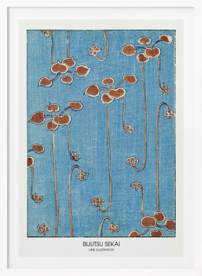 A vintage Japanese art print from Bijutsu Sekai featuring stylized brown vines with heart-shaped leaves and small blossoms hanging against a textured blue background. The print is displayed in a black frame with a white mat. Artwork