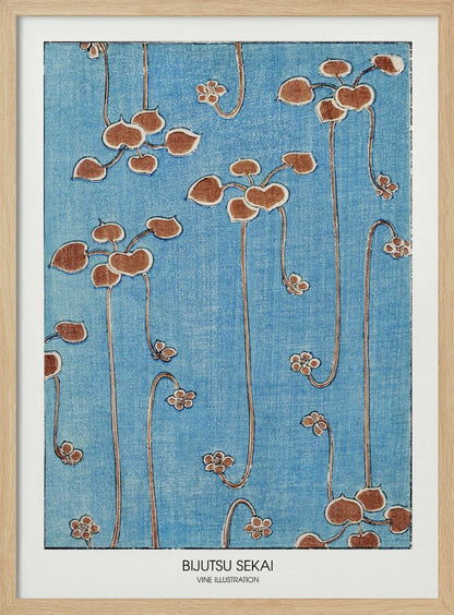 A vintage Japanese art print from Bijutsu Sekai featuring stylized brown vines with heart-shaped leaves and small blossoms hanging against a textured blue background. The print is displayed in a black frame with a white mat. Artwork