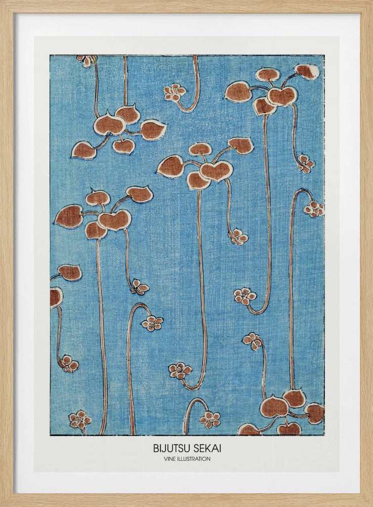 A vintage Japanese art print from Bijutsu Sekai featuring stylized brown vines with heart-shaped leaves and small blossoms hanging against a textured blue background. The print is displayed in a black frame with a white mat. Artwork