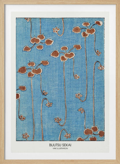 A vintage Japanese art print from Bijutsu Sekai featuring stylized brown vines with heart-shaped leaves and small blossoms hanging against a textured blue background. The print is displayed in a black frame with a white mat. Artwork