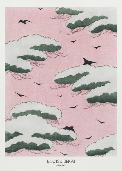 A framed Japanese art print titled 'Bijutsu Sekai Pink Sky' depicting stylized, snow-capped green and white clouds floating in a soft pink sky, with black birds flying between them. Print