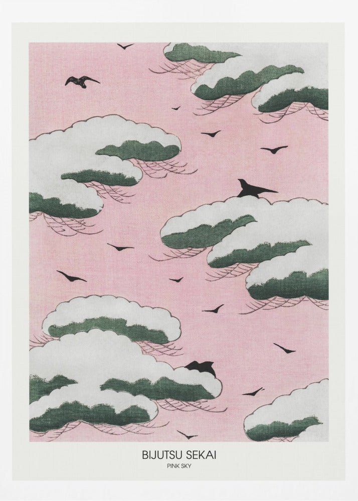 A framed Japanese art print titled 'Bijutsu Sekai Pink Sky' depicting stylized, snow-capped green and white clouds floating in a soft pink sky, with black birds flying between them. Print