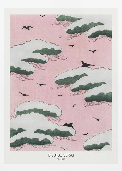 A framed Japanese art print titled 'Bijutsu Sekai Pink Sky' depicting stylized, snow-capped green and white clouds floating in a soft pink sky, with black birds flying between them. Print