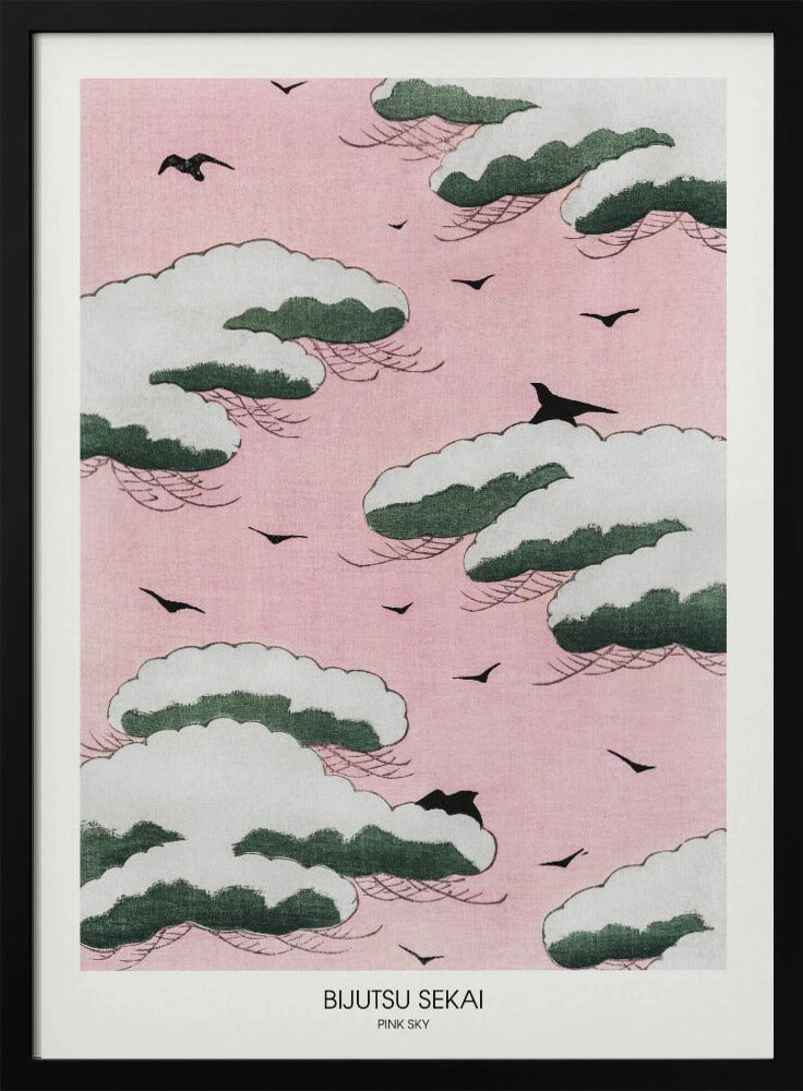 A framed Japanese art print titled 'Bijutsu Sekai Pink Sky' depicting stylized, snow-capped green and white clouds floating in a soft pink sky, with black birds flying between them. Print