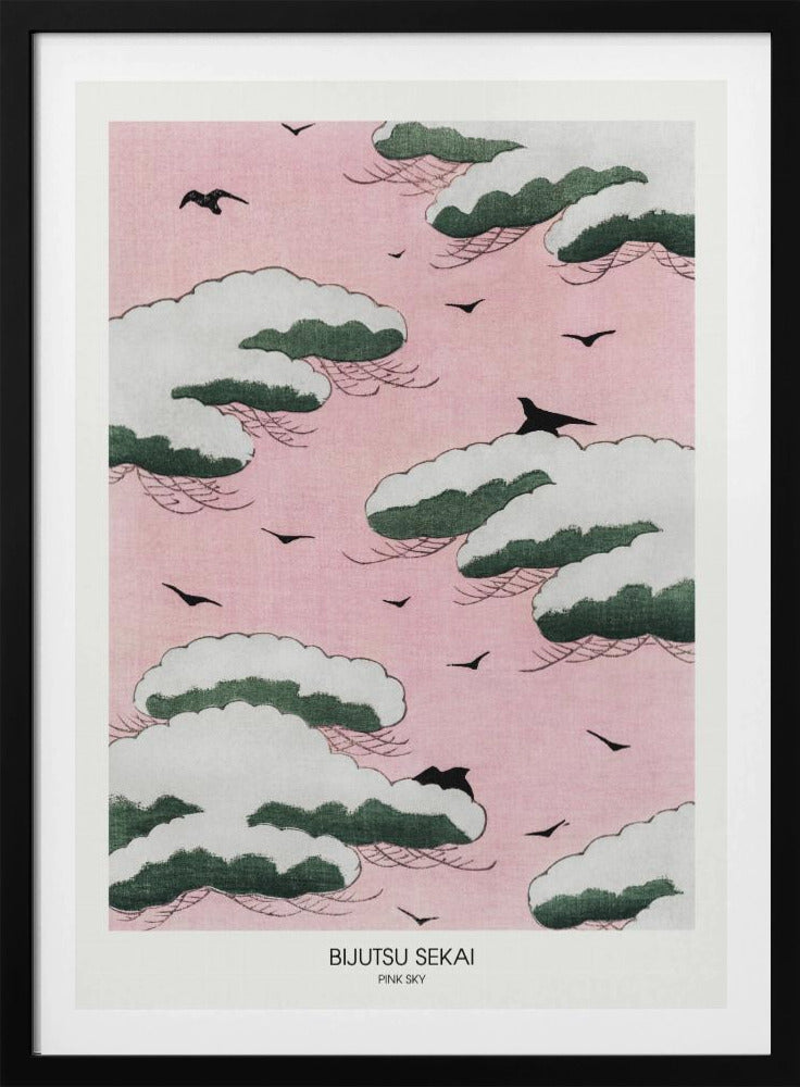A framed Japanese art print titled 'Bijutsu Sekai Pink Sky' depicting stylized, snow-capped green and white clouds floating in a soft pink sky, with black birds flying between them. Print