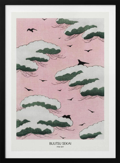 A framed Japanese art print titled 'Bijutsu Sekai Pink Sky' depicting stylized, snow-capped green and white clouds floating in a soft pink sky, with black birds flying between them. Print