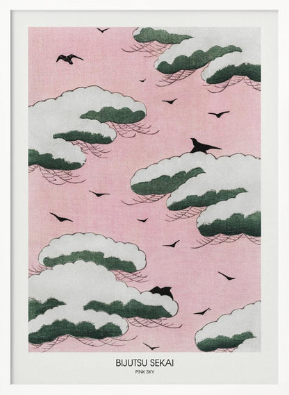 A framed Japanese art print titled 'Bijutsu Sekai Pink Sky' depicting stylized, snow-capped green and white clouds floating in a soft pink sky, with black birds flying between them. Print