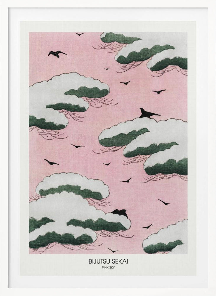 A framed Japanese art print titled 'Bijutsu Sekai Pink Sky' depicting stylized, snow-capped green and white clouds floating in a soft pink sky, with black birds flying between them. Print