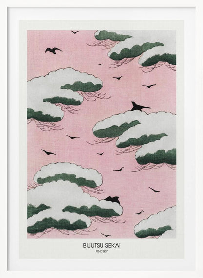 A framed Japanese art print titled 'Bijutsu Sekai Pink Sky' depicting stylized, snow-capped green and white clouds floating in a soft pink sky, with black birds flying between them. Print