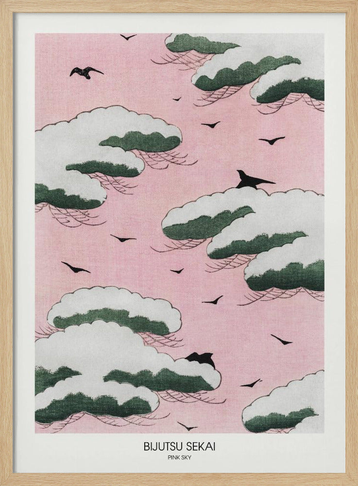 A framed Japanese art print titled 'Bijutsu Sekai Pink Sky' depicting stylized, snow-capped green and white clouds floating in a soft pink sky, with black birds flying between them. Print