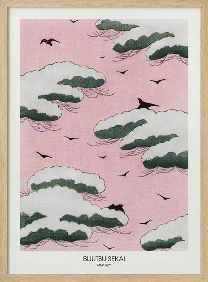 A framed Japanese art print titled 'Bijutsu Sekai Pink Sky' depicting stylized, snow-capped green and white clouds floating in a soft pink sky, with black birds flying between them. Print