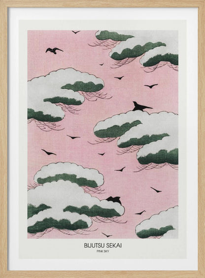 A framed Japanese art print titled 'Bijutsu Sekai Pink Sky' depicting stylized, snow-capped green and white clouds floating in a soft pink sky, with black birds flying between them. Print