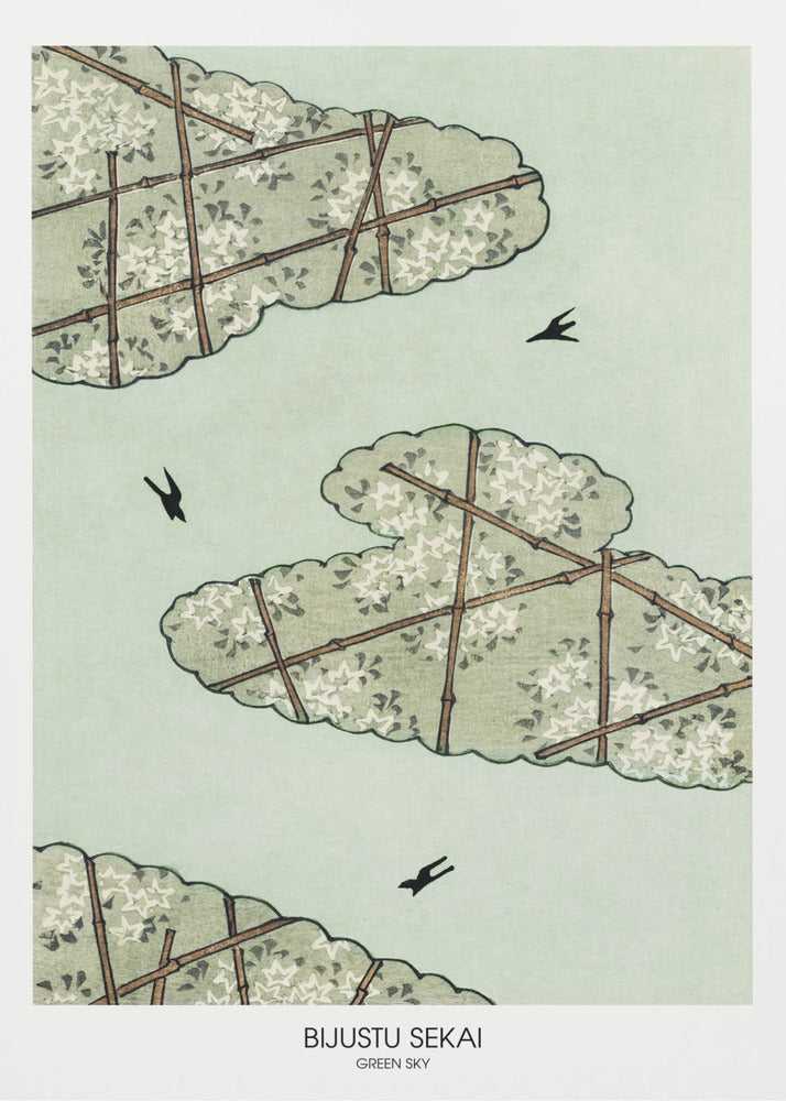 A Japanese woodblock style print titled 'Bijustu Sekai Green Sky'. It features three stylized green, cloud-like treetops filled with white blossoms against a pale mint green sky. The treetops are crisscrossed with brown bamboo trellises. Three black birds are seen flying in the open sky. Wall Art