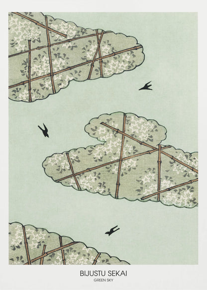 A Japanese woodblock style print titled 'Bijustu Sekai Green Sky'. It features three stylized green, cloud-like treetops filled with white blossoms against a pale mint green sky. The treetops are crisscrossed with brown bamboo trellises. Three black birds are seen flying in the open sky. Wall Art