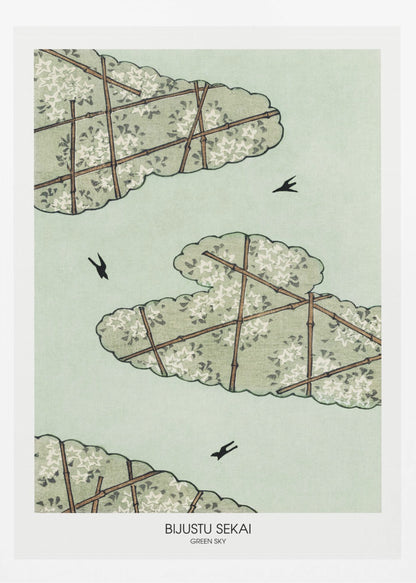A Japanese woodblock style print titled 'Bijustu Sekai Green Sky'. It features three stylized green, cloud-like treetops filled with white blossoms against a pale mint green sky. The treetops are crisscrossed with brown bamboo trellises. Three black birds are seen flying in the open sky. Wall Art