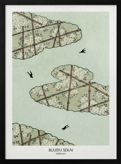A Japanese woodblock style print titled 'Bijustu Sekai Green Sky'. It features three stylized green, cloud-like treetops filled with white blossoms against a pale mint green sky. The treetops are crisscrossed with brown bamboo trellises. Three black birds are seen flying in the open sky. Wall Art