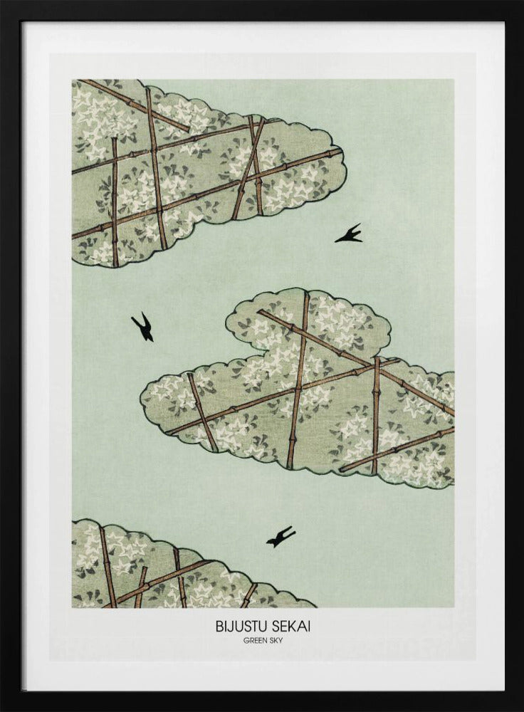 A Japanese woodblock style print titled 'Bijustu Sekai Green Sky'. It features three stylized green, cloud-like treetops filled with white blossoms against a pale mint green sky. The treetops are crisscrossed with brown bamboo trellises. Three black birds are seen flying in the open sky. Wall Art